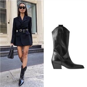 Zara Black Western-Inspired Mid-Calf Leather Heeled Boots